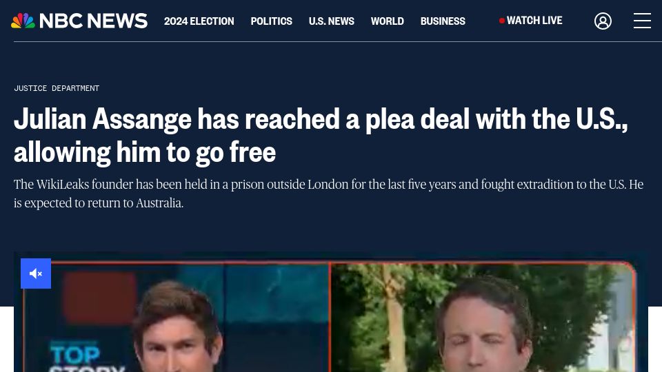 Screenshot of nbcnews.com: Julian Assange has reached a plea deal with the U.S., allowing him to go free
