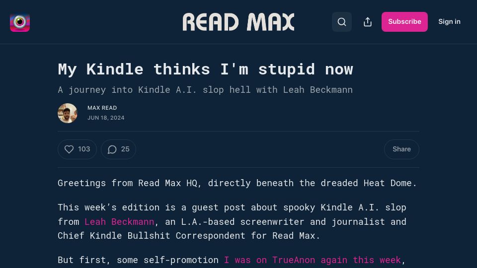 Screenshot of maxread.substack.com: A journey into Kindle AI slop hell