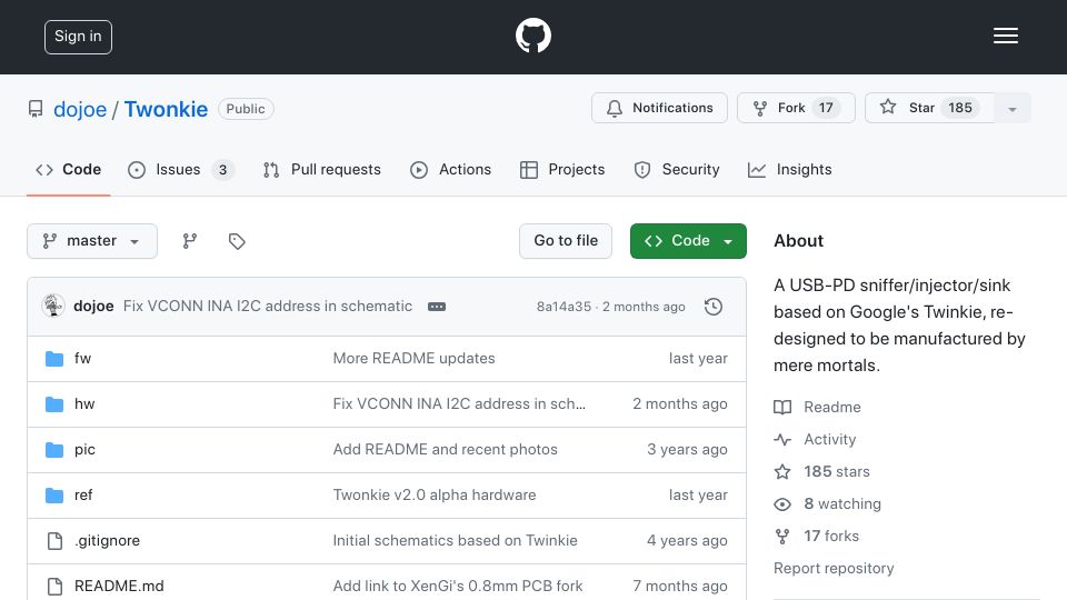 Screenshot of github.com: Twonkie: A USB-PD sniffer/injector/sink based on Google's Twinkie open hardware