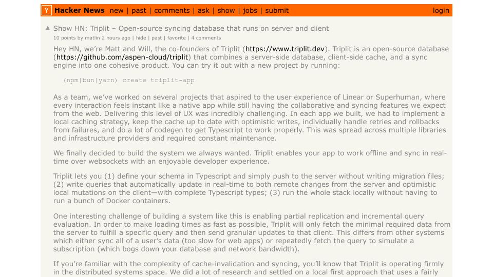Screenshot of github.com: Show HN: Triplit – Open-source syncing database that runs on server and client