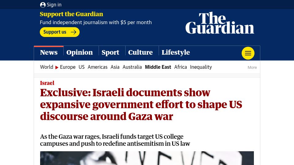 Screenshot of theguardian.com: Israeli documents show expansive government effort to shape US discourse