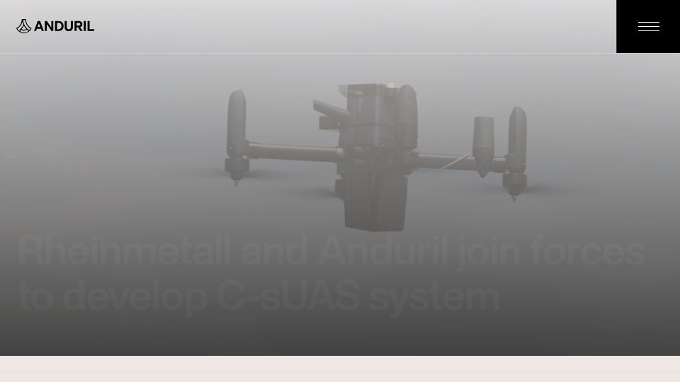 Screenshot of anduril.com: Rheinmetall and Anduril join forces to develop C-sUAS system