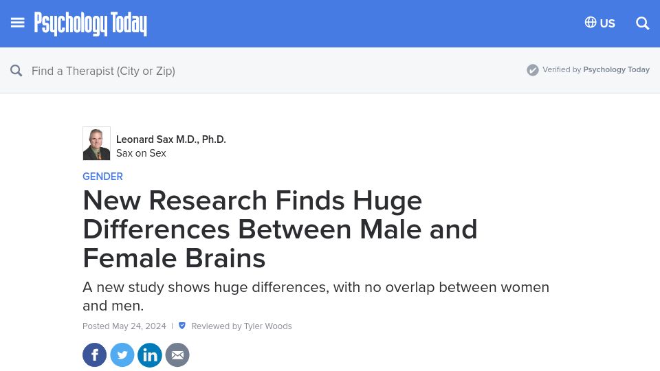 Screenshot of psychologytoday.com: New Research Finds Differences Between Male and Female Brains