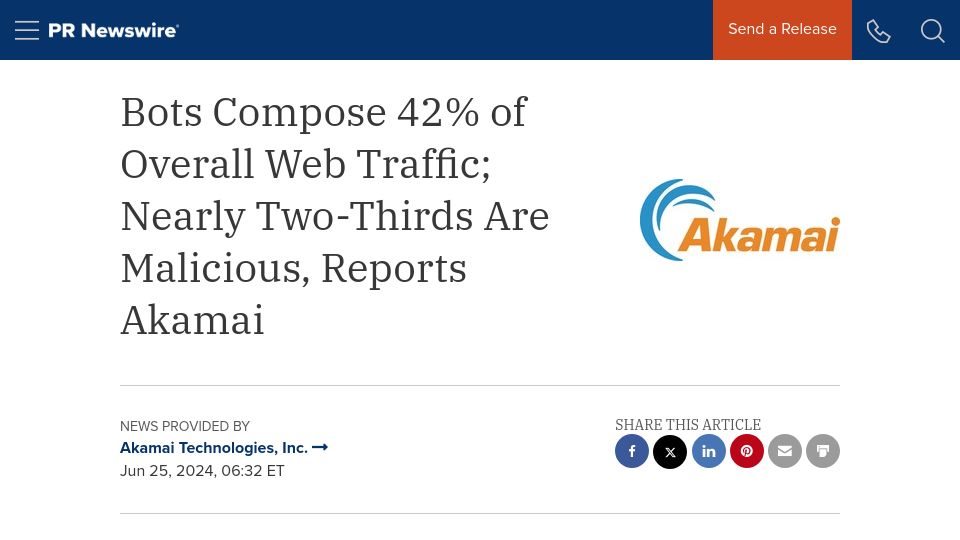 Screenshot of prnewswire.com: Bots Compose 42% of Overall Web Traffic; Nearly Two-Thirds Are Malicious