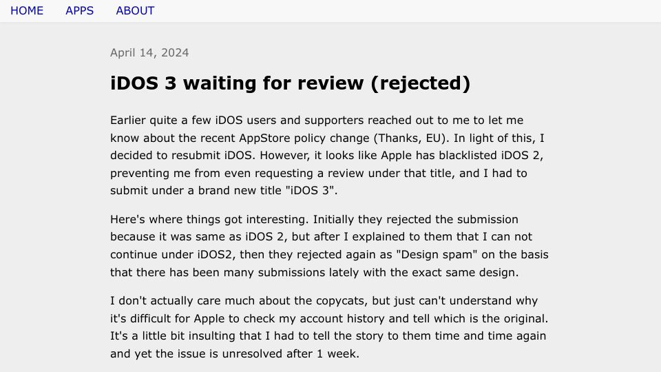 Screenshot of litchie.com: iDOS 3 Rejected by Apple