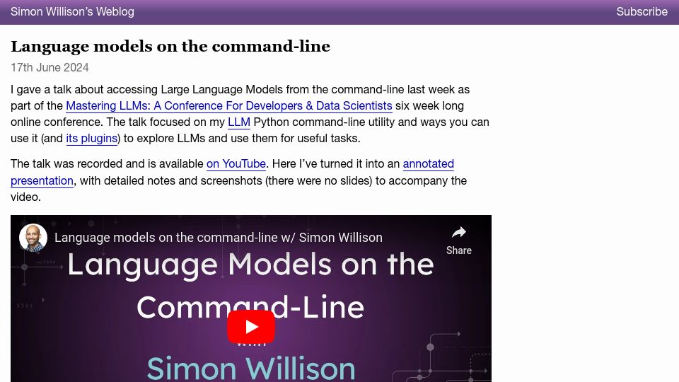 Screenshot of simonwillison.net: Language models on the command line