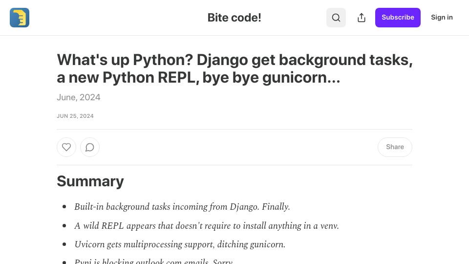 Screenshot of bitecode.dev: What's up Python? Django get background tasks, a new REPL, bye bye gunicorn