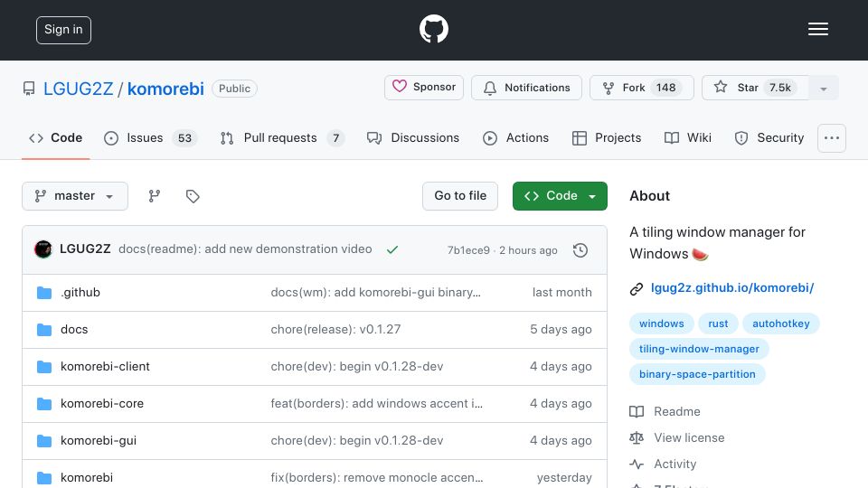 Screenshot of github.com: Komorebi: Tiling Window Management for Windows
