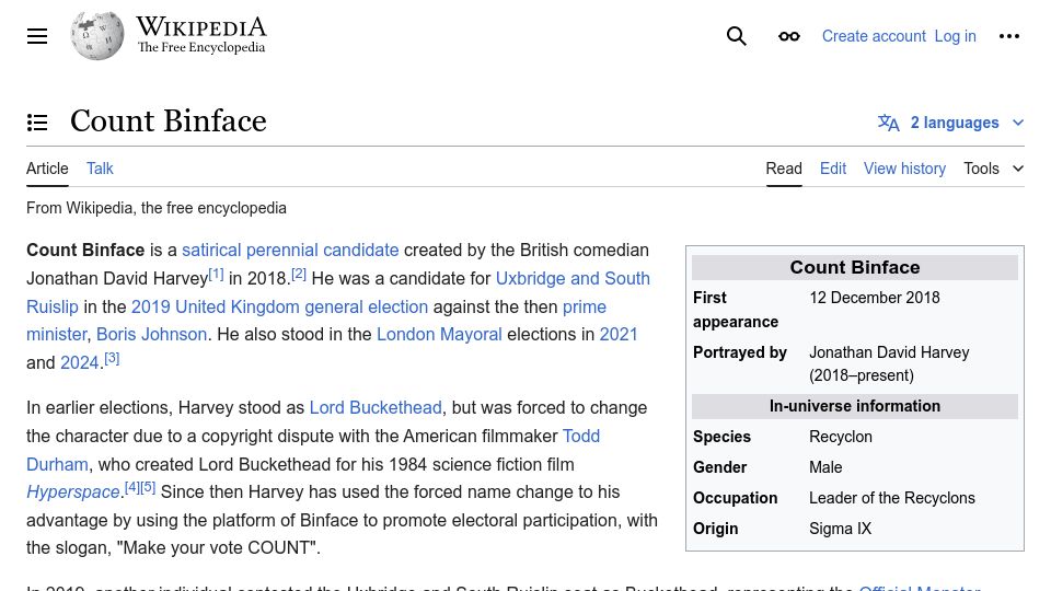 Screenshot of en.wikipedia.org: Count Binface