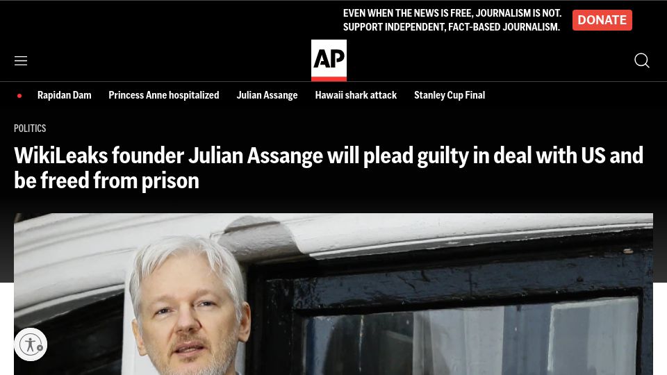 Screenshot of apnews.com: Julian Assange will plead guilty in deal with US and be freed from prison