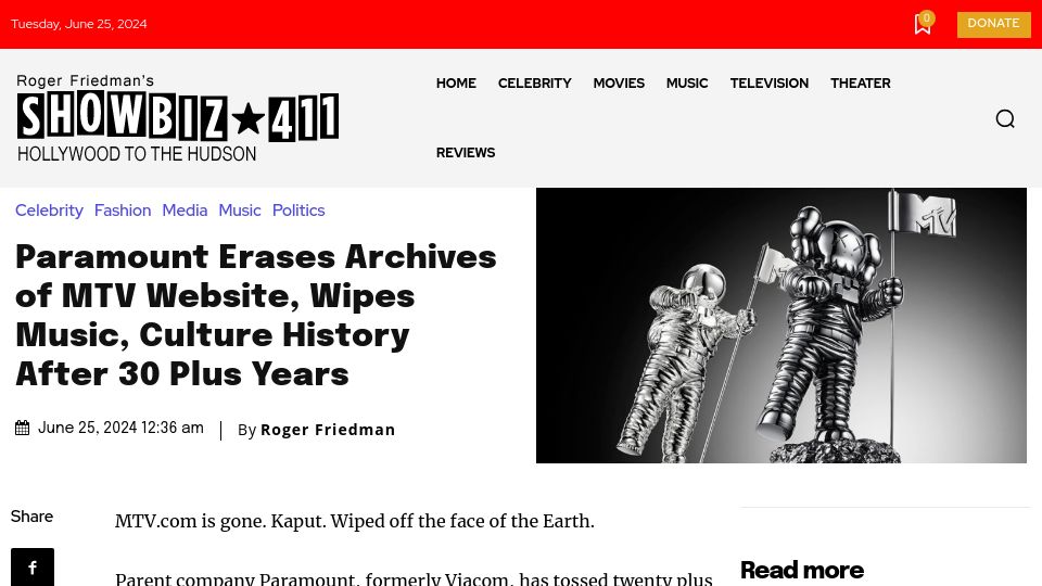Screenshot of showbiz411.com: Paramount Erases Mtv.com Archives, Wipes Music, Culture History After 30+ Years