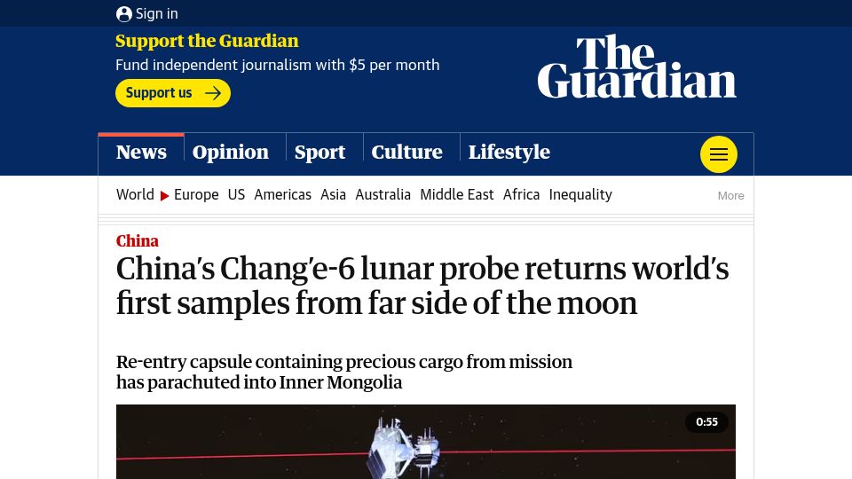 Screenshot of theguardian.com: Chang'e 6 lunar sample return mission returns with samples from moon's far side