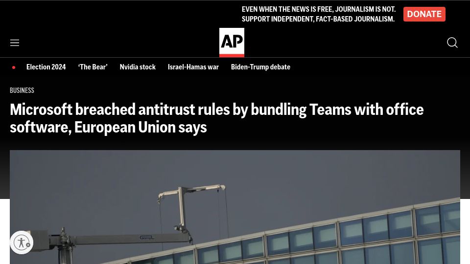 Screenshot of apnews.com: Microsoft breached antitrust rules by bundling Teams and Office, EU says