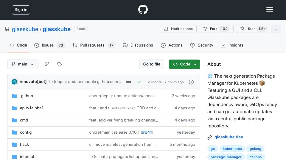 Screenshot of github.com: Show HN: Glasskube – Open Source Kubernetes Package Manager, alternative to Helm