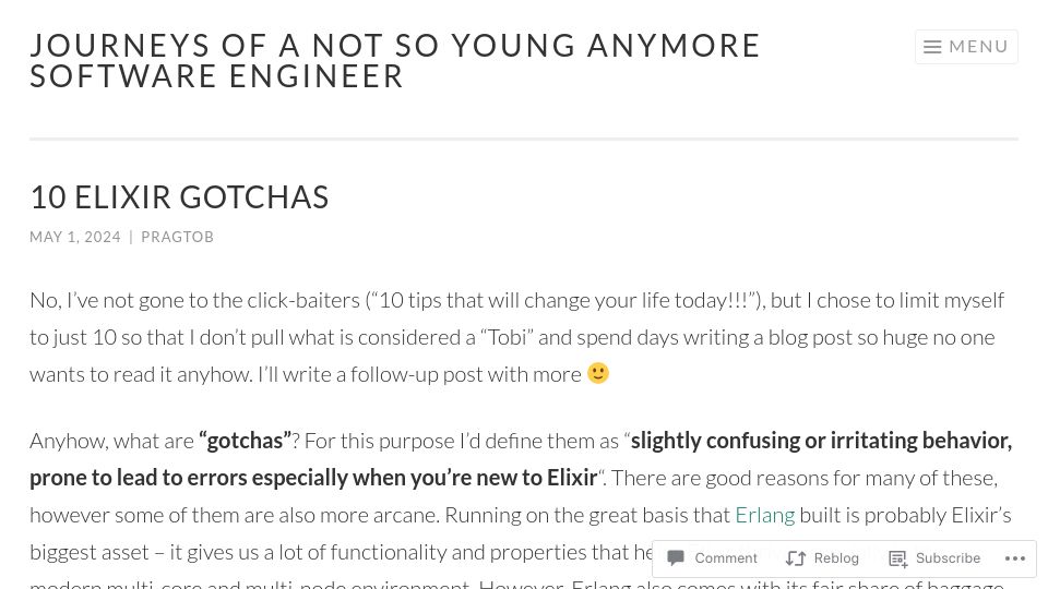 Screenshot of pragtob.wordpress.com: Elixir Gotchas