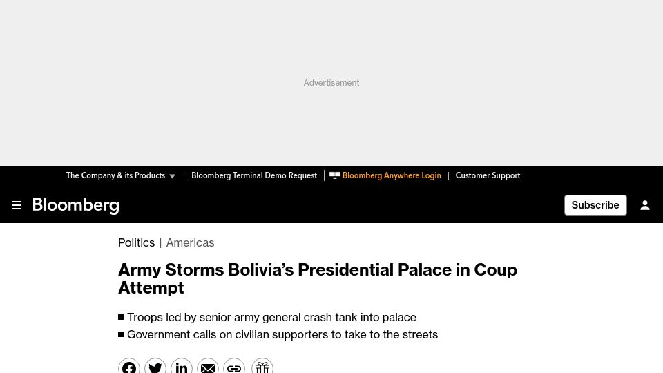 Screenshot of bloomberg.com: Coup Attempt in Bolivia