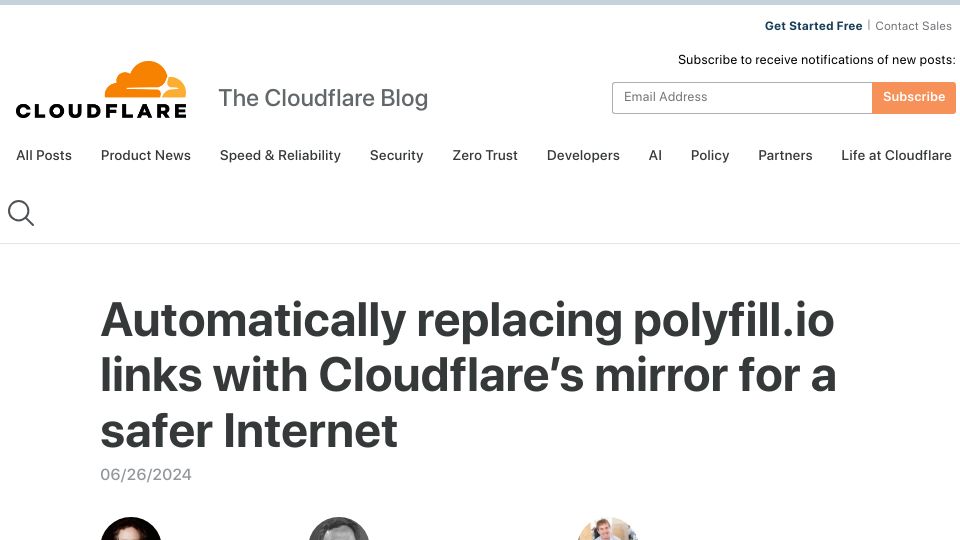 Screenshot of blog.cloudflare.com: Cloudflare automatically fixes Polyfill.io for free sites