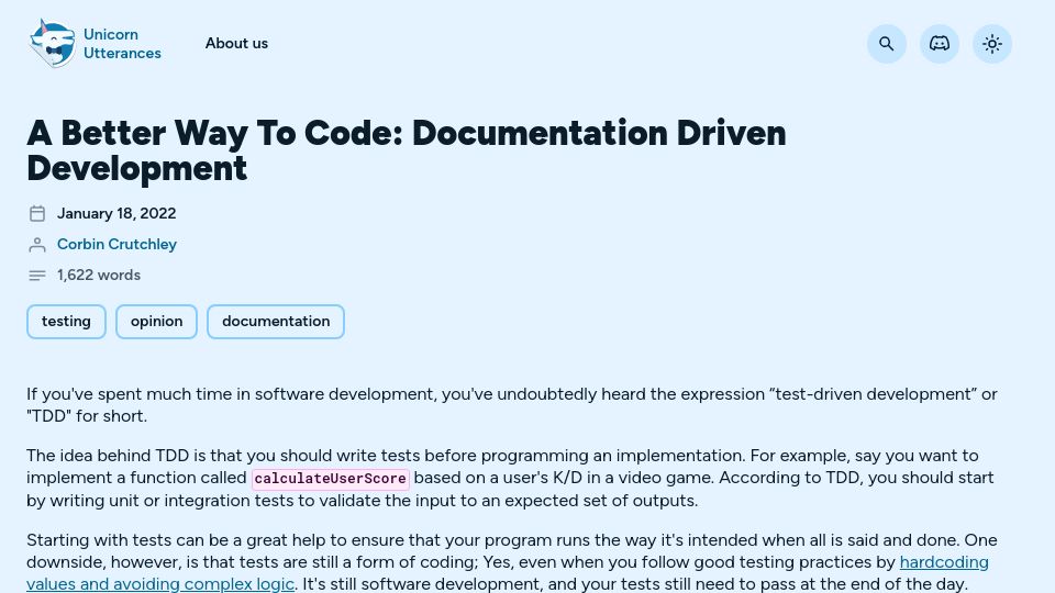 Screenshot of unicorn-utterances.com: Documentation Driven Development (2022)