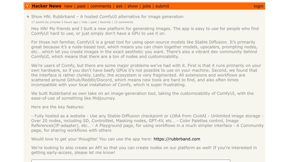 Screenshot of Hacker News post: Show HN: Rubbrband – A hosted ComfyUI alternative for image generation