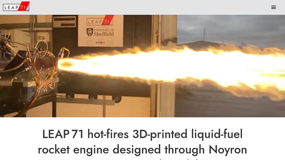 Screenshot of leap71.com: Test firing of a 3D-printed rocket engine designed through computational model