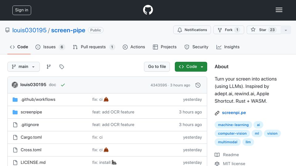 Screenshot of github.com: Show HN: a Rust lib to trigger actions based on your screen activity (with LLMs)