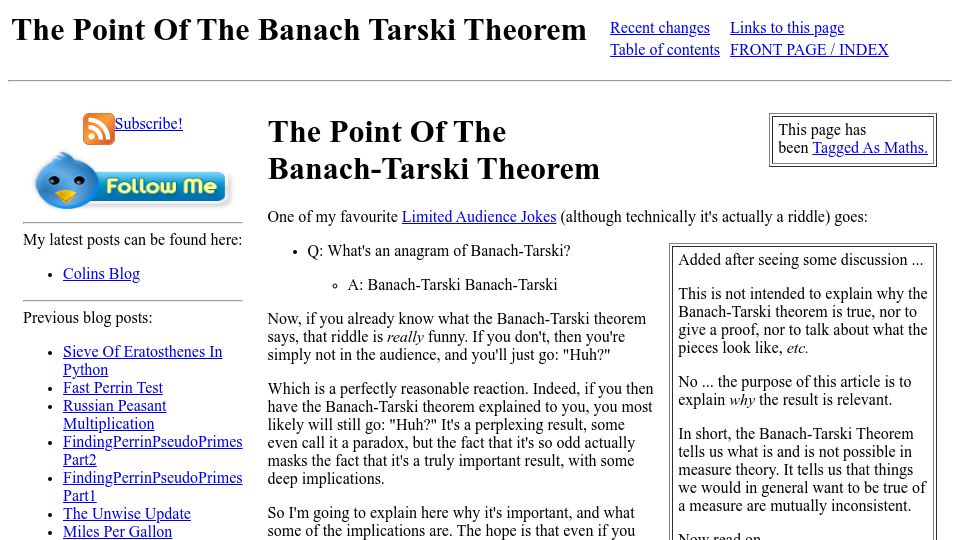 Screenshot of solipsys.co.uk: The Point of the Banach Tarski Theorem (2015)