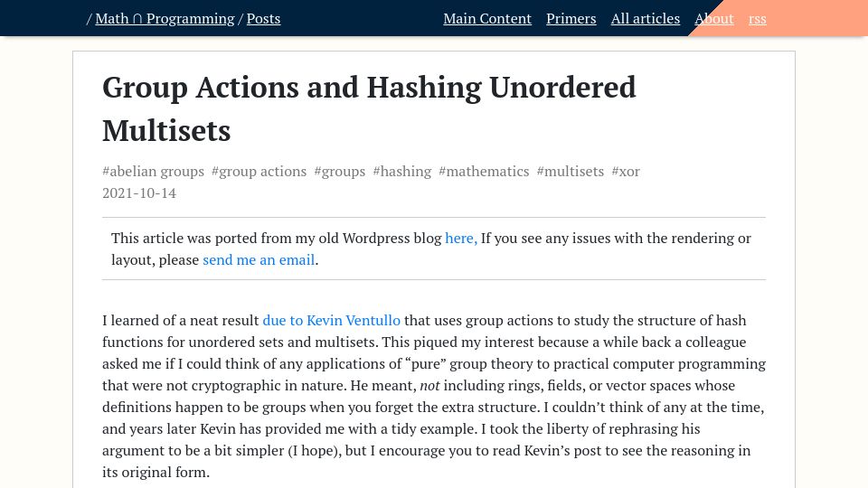 Screenshot of jeremykun.com: Group actions and hashing unordered multisets (2021)