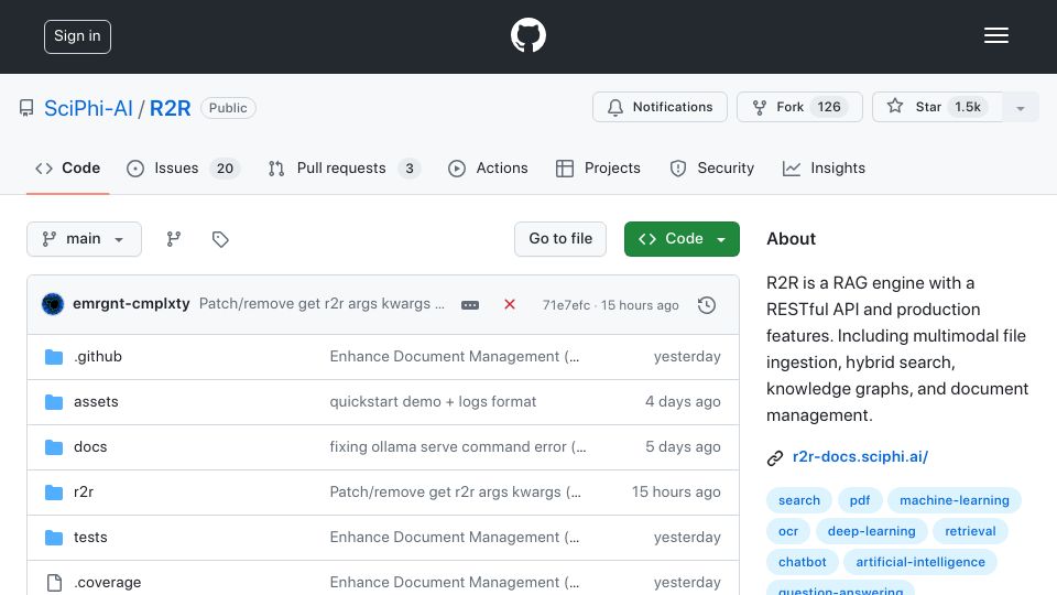 Screenshot of github.com: Show HN: R2R V2 – A open source RAG engine with prod features