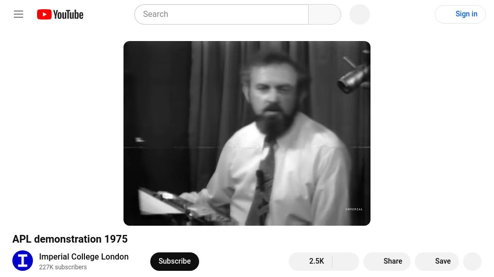 Screenshot of youtube.com: APL Demonstration (1975) [video]