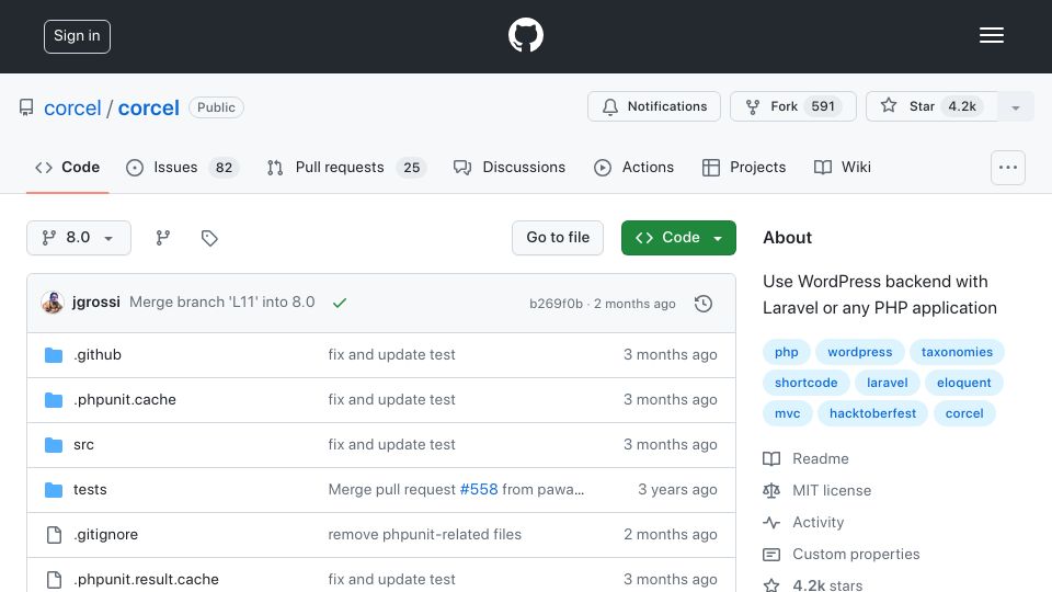 Screenshot of github.com: Corcel – Use WordPress backend with Laravel or any PHP application