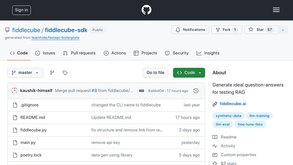Screenshot of github.com: Show HN: FiddleCube – Generate Q&A to test your LLM