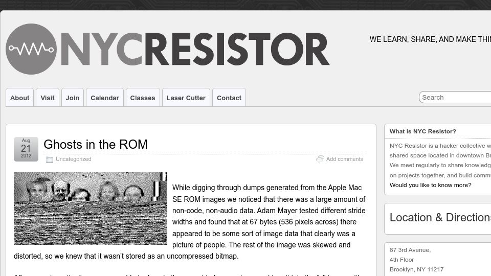 Screenshot of nycresistor.com: Ghosts in the ROM (2012)