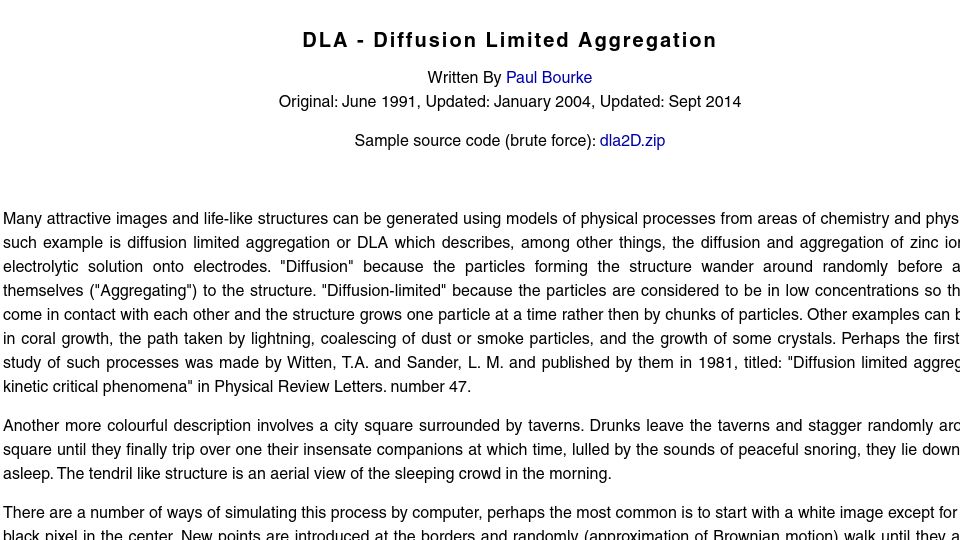 Screenshot of paulbourke.net: Diffusion Limited Aggregation (1991)