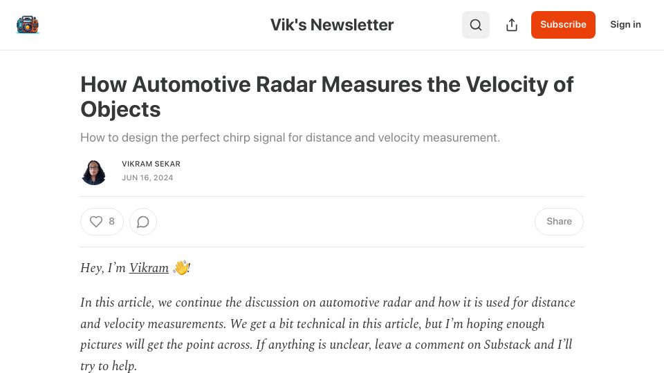Screenshot of viksnewsletter.com: How automotive radar measures the velocity of objects