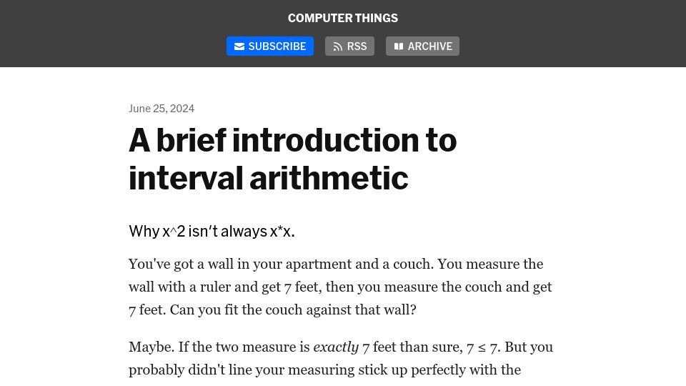 Screenshot of buttondown.email: A brief introduction to interval arithmetic