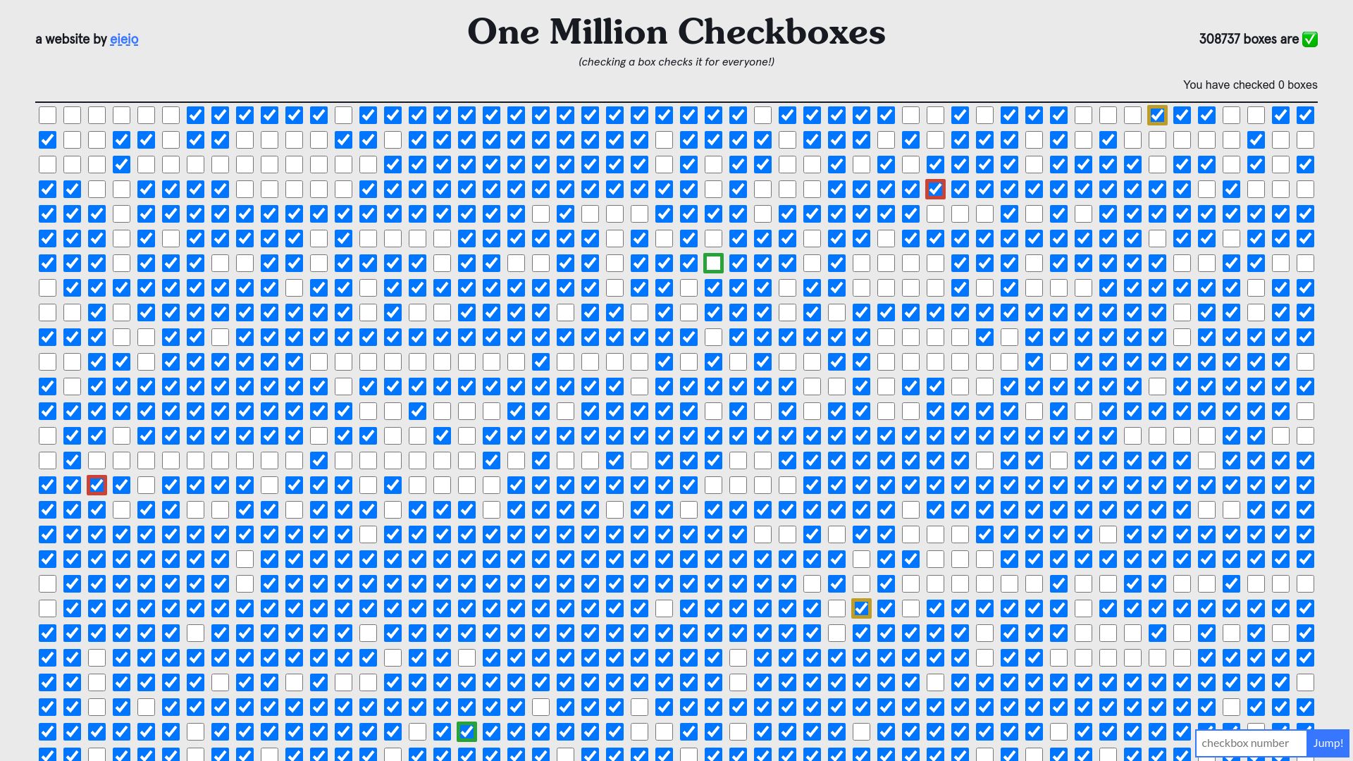 Screenshot of onemillioncheckboxes.com: One Million Checkboxes
