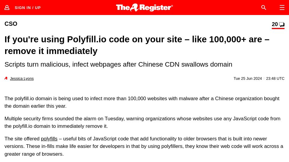 Screenshot of theregister.com: If you're using Polyfill.io code on your site – remove it immediately