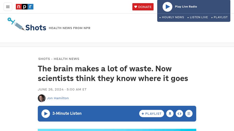 Screenshot of npr.org: The brain makes a lot of waste. Now scientists think they know where it goes