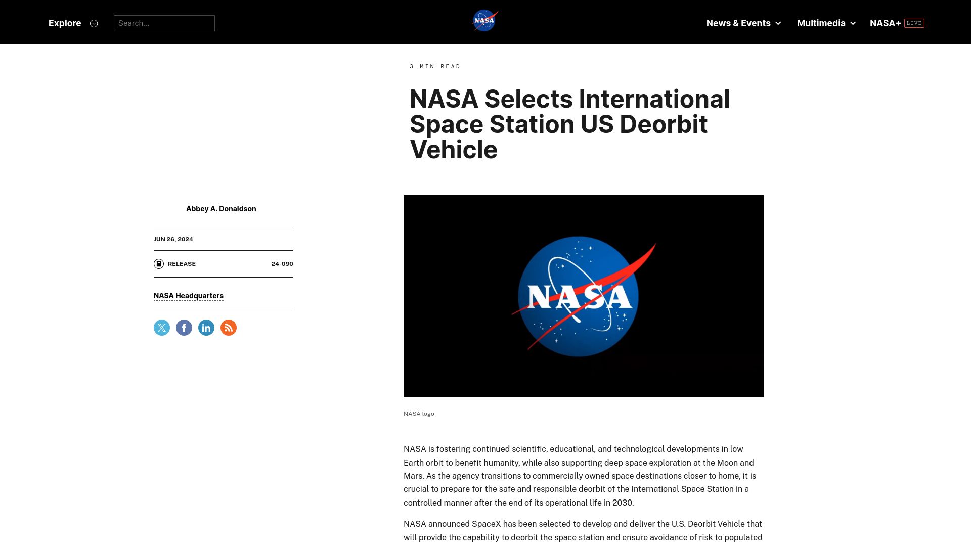 Screenshot of nasa.gov: SpaceX to deliver vehicle to deorbit International Space Station