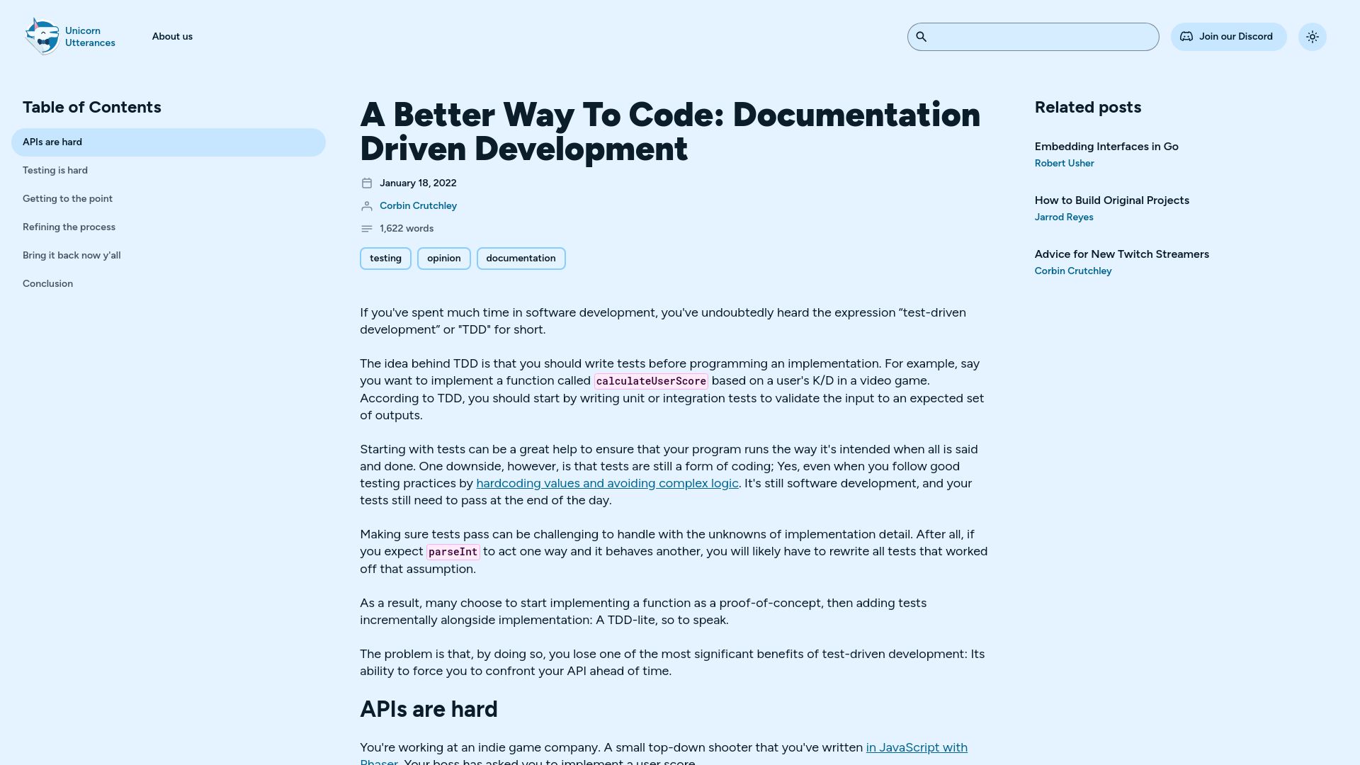 Screenshot of unicorn-utterances.com: Documentation Driven Development (2022)