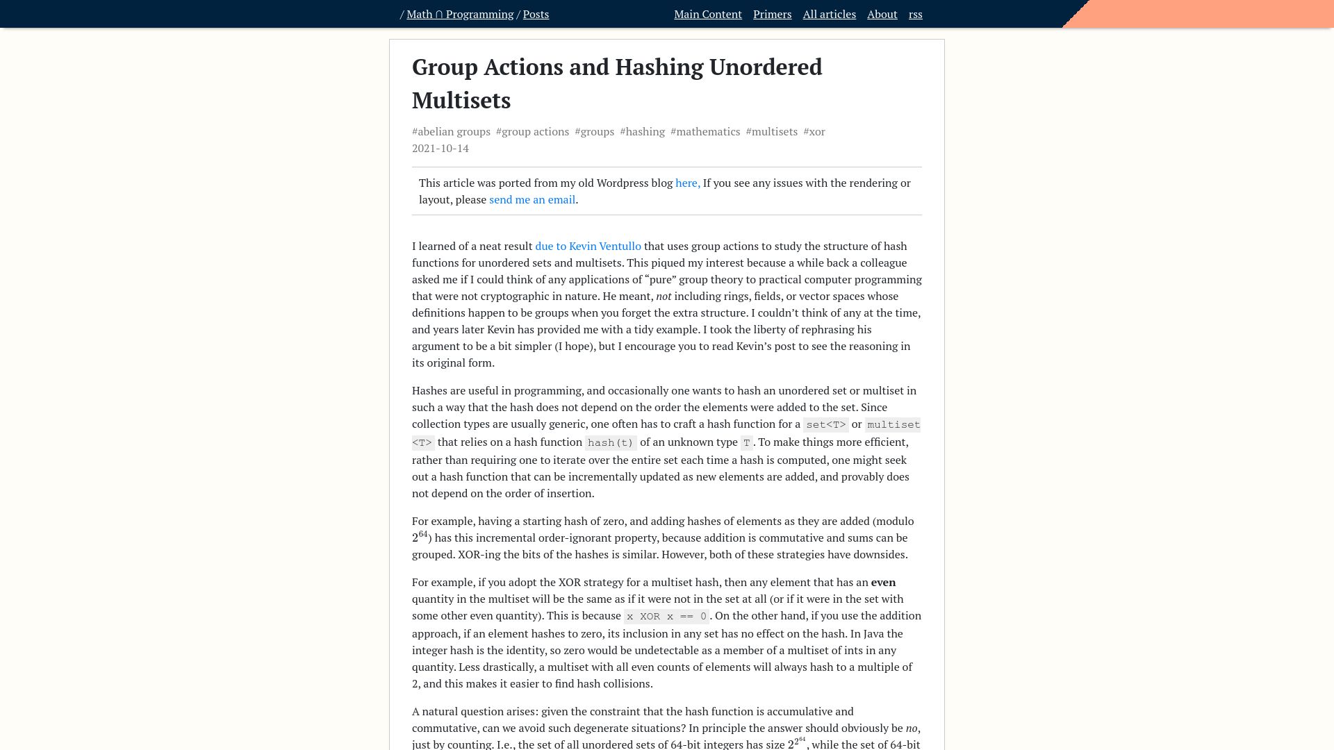 Screenshot of jeremykun.com: Group actions and hashing unordered multisets (2021)