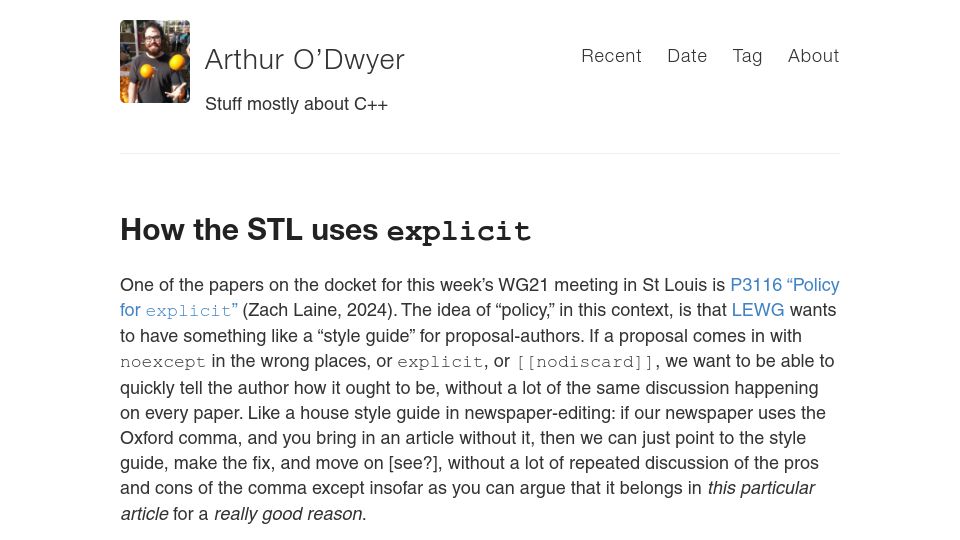 Screenshot of quuxplusone.github.io: How the STL Uses Explicit