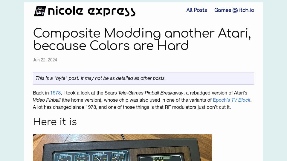 Screenshot of nicole.express: Composite modding another Atari, because colors are hard