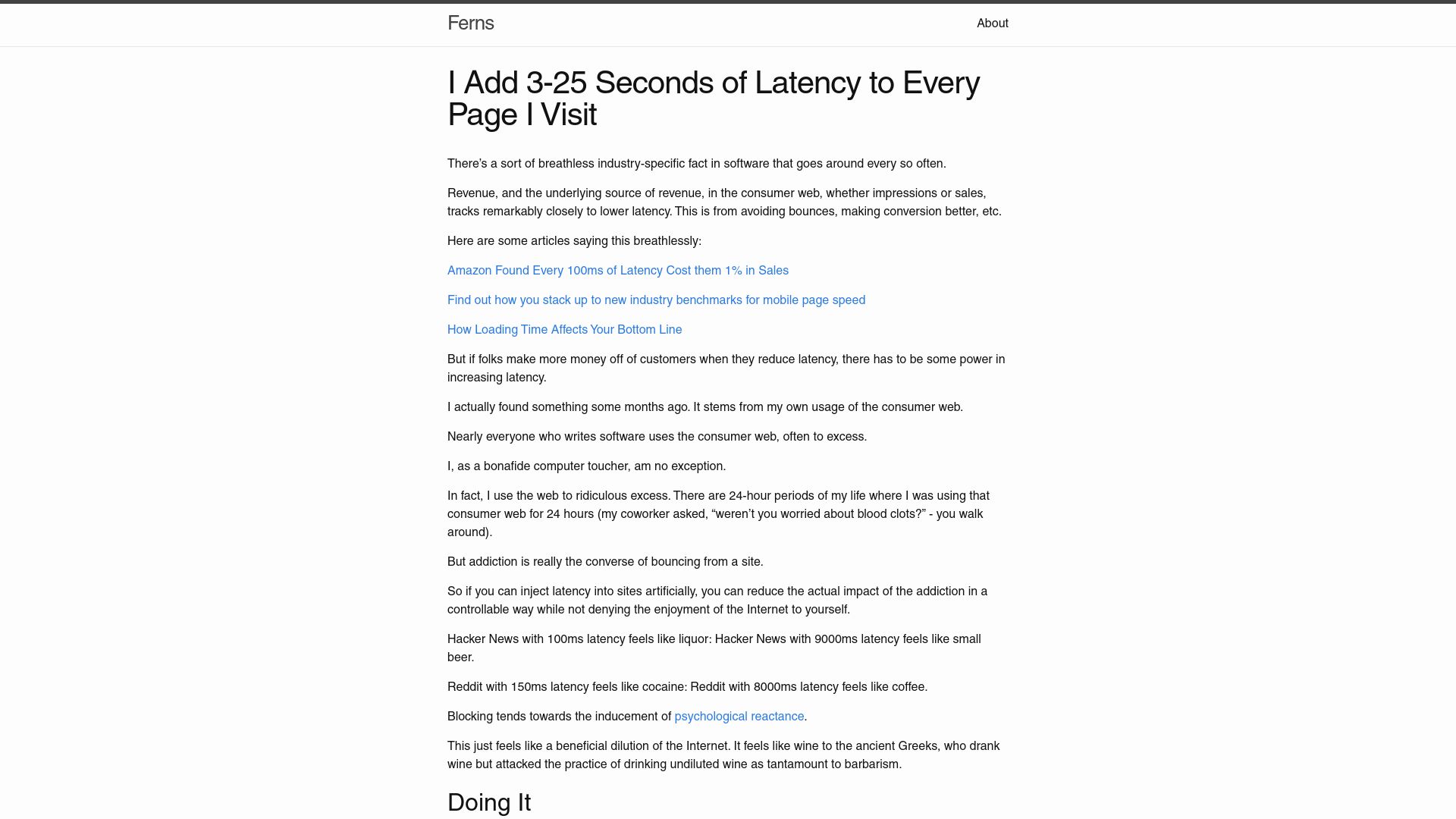 Screenshot of howonlee.github.io: I Add 3-25 Seconds of Latency to Every Page I Visit (2020)