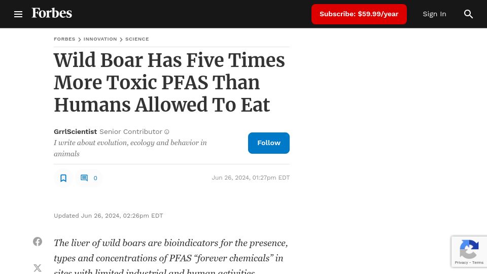 Screenshot of forbes.com: Wild Boar Has Five Times More PFAS Than Humans Allowed to Eat