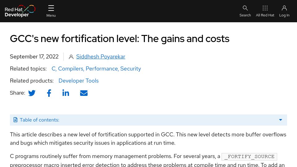 Screenshot of developers.redhat.com: GCC's new fortification level: The gains and costs (2022)