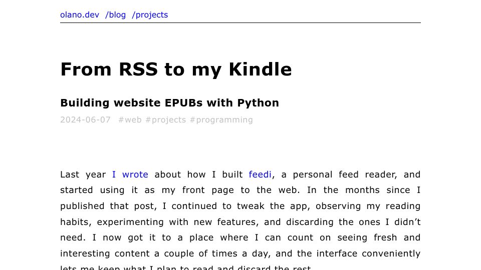 Screenshot of olano.dev: From RSS to My Kindle