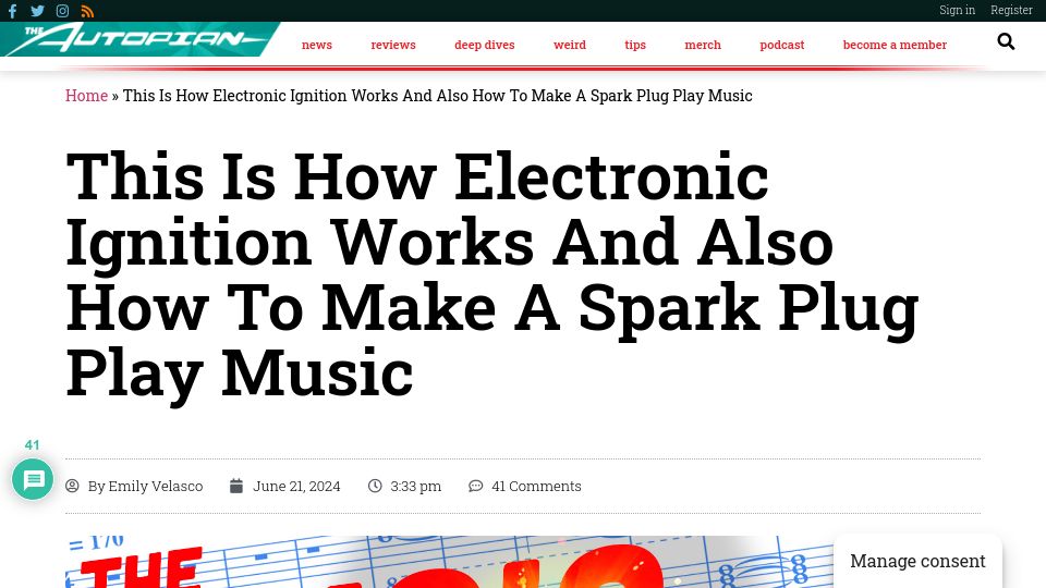 Screenshot of theautopian.com: How electronic ignition works and also how to make a spark plug play music