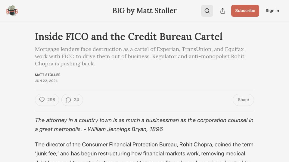Screenshot of thebignewsletter.com: FICO and the Credit Bureau Cartel