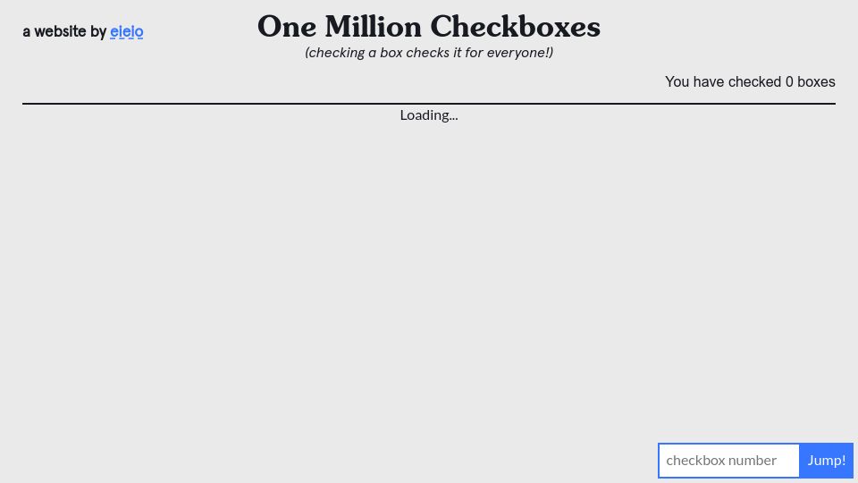 Screenshot of onemillioncheckboxes.com: One Million Checkboxes